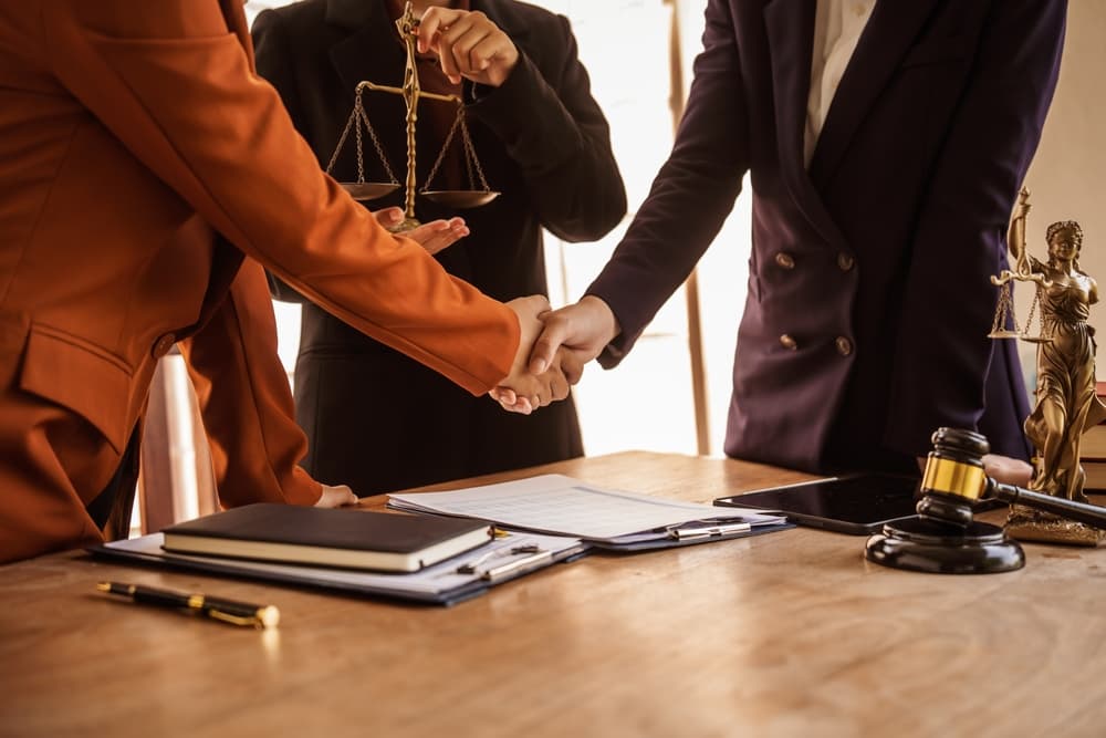 Lawyers shaking hands, providing legal guidance, representing clients in court, and handling legal paperwork to protect clients' rights and ensure justice.