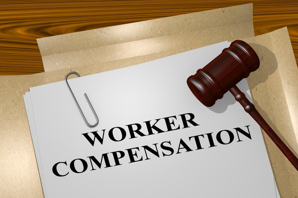 3D illustration featuring the title "WORKER COMPENSATION" prominently displayed on a legal document.