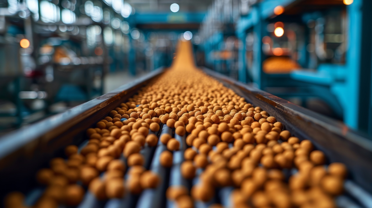 Bokeh view of eggs on an industrial conveyor belt at a poultry farm production line